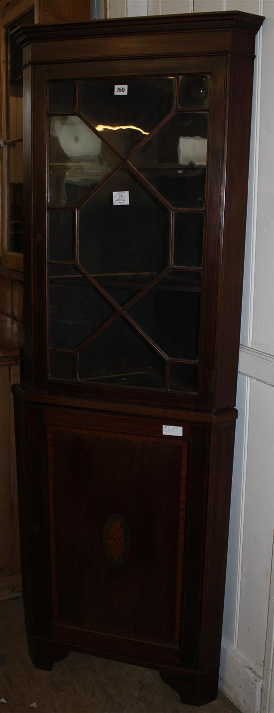 Edwardian inlaid mahogany standing  corner cabinet(-)